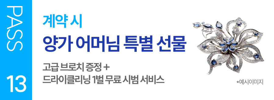 PASS 13 계약 시 양가 어머님 특별 선물 고급 브로치 증정 + 드라이클리닝 1벌 무료 시범 서비스